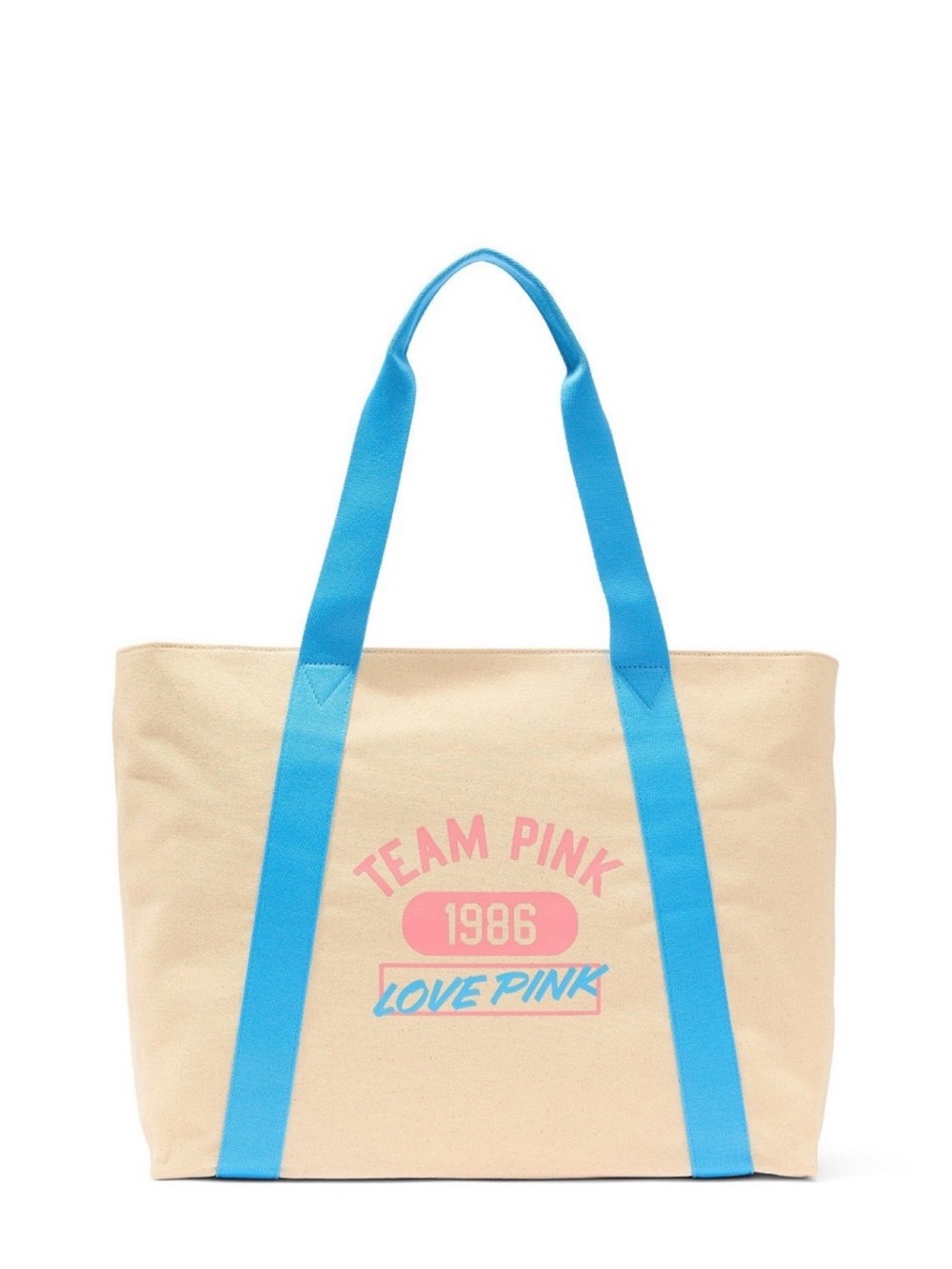 PINK Victoria's Secret Cream Canvas Tote with Bright Blue Straps and Pink Logo